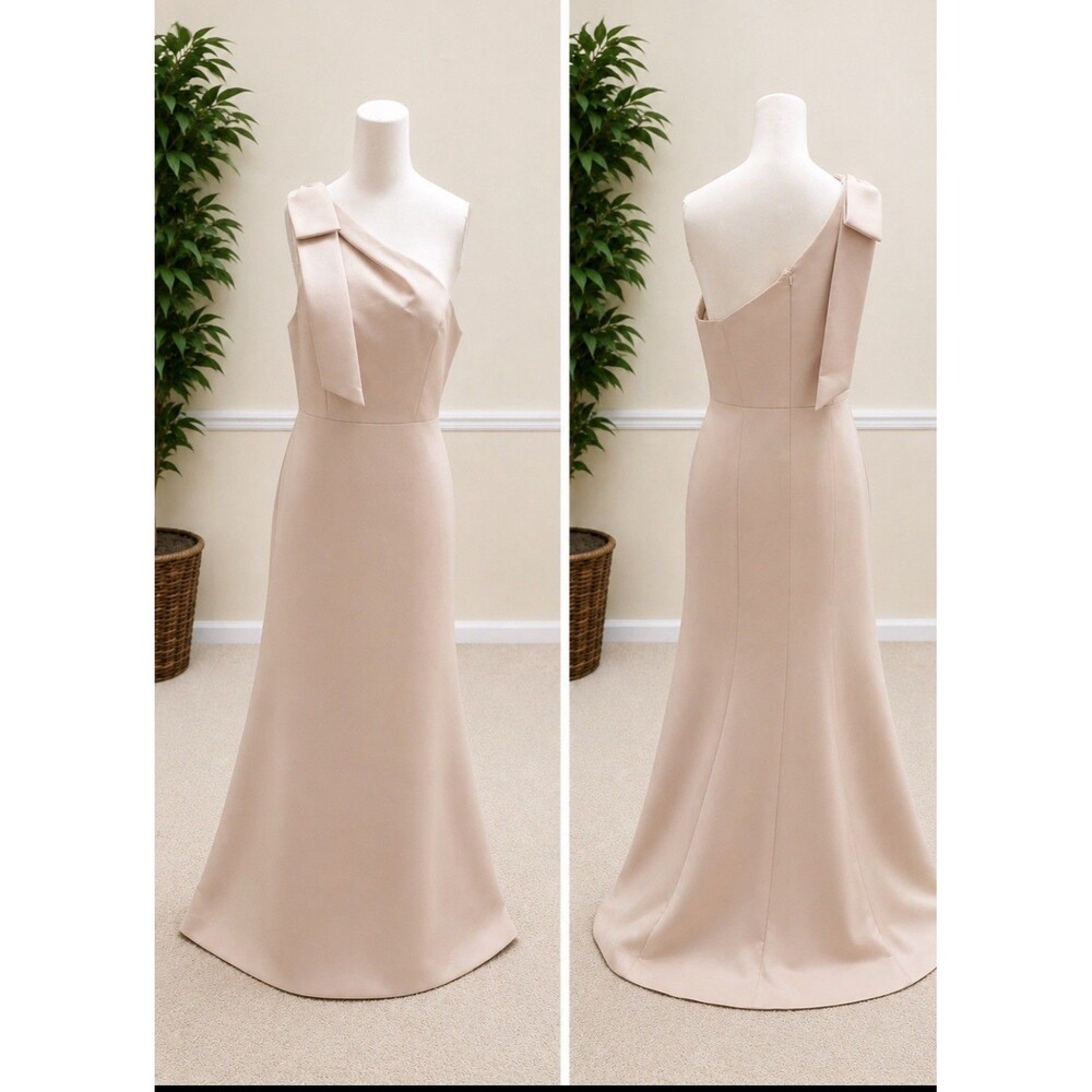 Alfred Sung D794 Bow One Shoulder Satin Gown Size 8R Champagne Retails Over $200